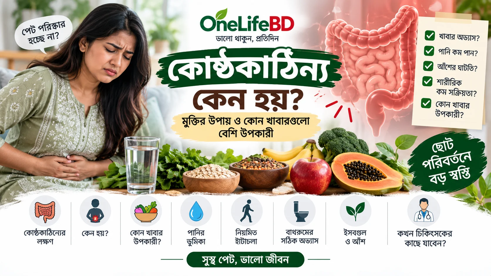 কোষ্ঠকাঠিন্য দূর করার উপায়, আঁশযুক্ত খাবার, পর্যাপ্ত পানি ও স্বাস্থ্যকর দৈনন্দিন অভ্যাস